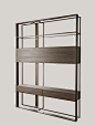 Shakedesign_Bookcases_Mod double sided bookcase with light bronze metal structure, ash wood elements in T49 cenere and bronze glass shelves
