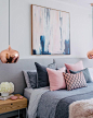 How amazing is this bedroom designed by @littlelibertyrooms which appears in our printed Annual edition?! I just love the navy/denim blues paired with blush hues. Bed head was custom made and bedsides from @globewest (just because I know someone will ask!