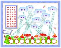 儿童乘法表3。把数字写在正确的圆圈里。数学婴儿书教育页面。回学校去矢量卡通形象.