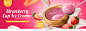 Strawberry cup ice cream ads with milk pouring down from top with fruit on pink background.
