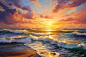 大海阳光夕阳油画风海边晚霞风景插画图片