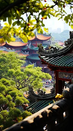 蓝天白云古风建筑3d古风建筑植物树木