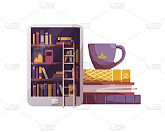 电子阅读器，书籍堆叠，杯子。书店、书店、电子书、图书馆、爱书人、爱书人、教育理念。