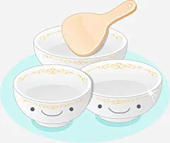 手绘白色花纹碗木铲图案高清素材 碗具 免费下载 页面网页 平面电商 创意素材 png素材