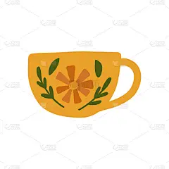 手绘花卉咖啡杯和春天抽象阳光花与印花斯堪的纳维亚风格插图。甜蜜之家。