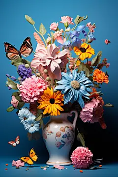 唯美花瓶炫彩花卉创意花朵插花组合插画图片