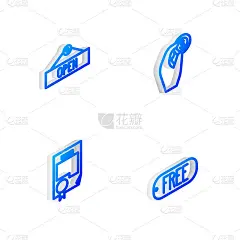 设置等距线手握硬币钱，悬挂标志开放，证书模板和价格标签文本免费图标。向量