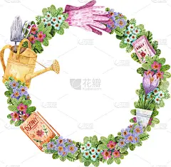 手绘水彩花环与花和花园工具。