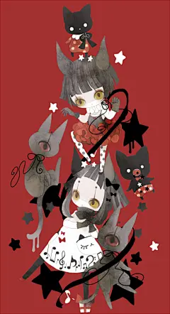 少女梦幻被破坏掉后的黑童话世界，杂乱而统一的诡异色调，透着狂气与绝望。（by ぴよ，twitter：O网页链接，p链接：O网页链接）