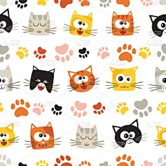 可爱的,猫,四方连续纹样,卡通,脚印,脉搏图,壁纸,动物,分离着色,剪影