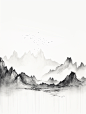 极简主义山水插图，水墨山脉由不同的线条组成黑白