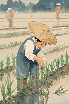 插秧耕种人物插画绘画