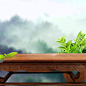 大气远山茶叶主图高清素材 中国风 桌子 水墨 绿叶 茶叶 远山 背景 设计图片 免费下载