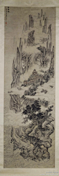 #山水画#【 明 吴彬 《方壶图》 】轴，纸本设色，320×101cm，1626年作，北京故宫博物院藏。 画家笔下的方壶仙山外形奇诡，山峰之间洞天别具，琼楼玉宇隐现其中，有仙人凭栏远眺，山脚下海浪拍岸，惊涛翻涌，在构图布景上突出了一个“奇”字。