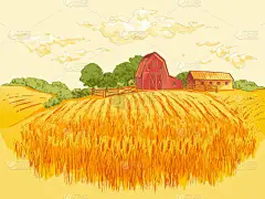 农村景观田小麦。手绘向量农村景观雕刻风格例证.