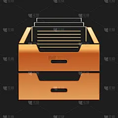 金色抽屉与文件图标隔离在黑色背景。归档文件的抽屉里。文件柜的抽屉里。办公家具。长长的阴影风格。向量