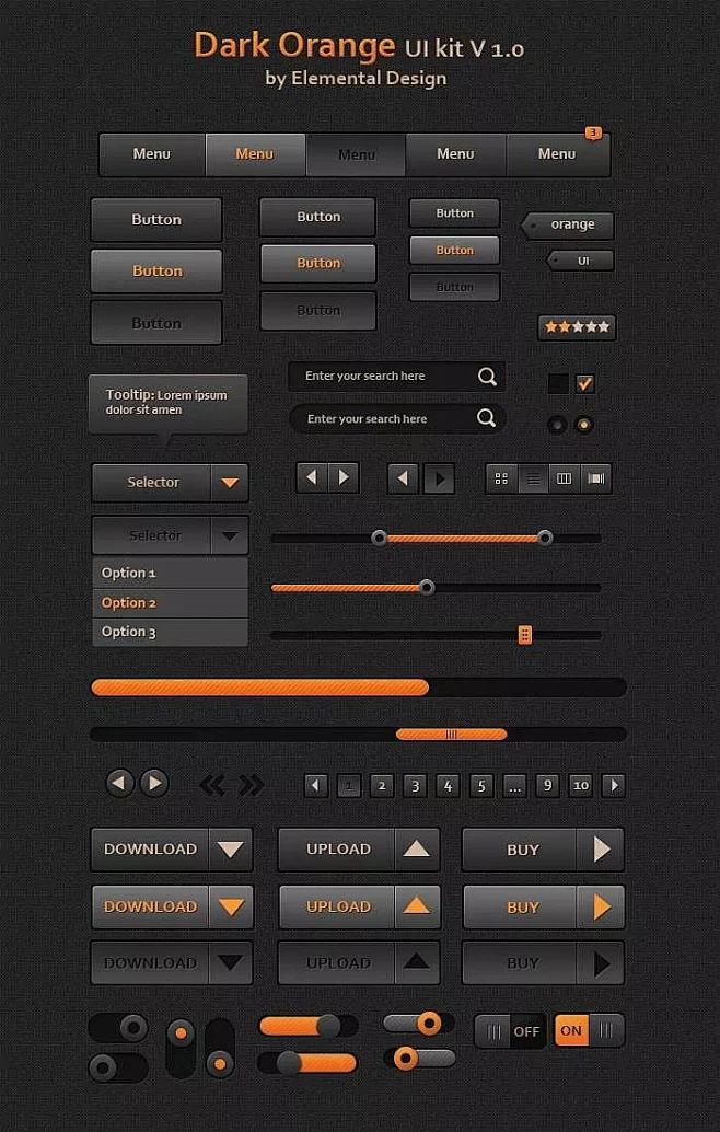 深色立体网页UI界面控件样式PSD|ui|橙色|多种|界面|立体|设计|深色|网页|样式-花瓣网