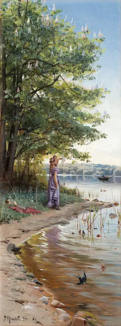 佩德·莫克·蒙斯特德（Peder Mork Monsted 1859-1941）丹麦风景画画家，以描绘壮丽的景观和古迹方面见长的浪漫主义艺术家，对细节和色彩把握深有研究。他的风景画非常细致，但似乎并不过分。通过使用流畅的笔触和简化相对不重要的区域，在保持某种绘画品质的同时进行写实绘画。他对色彩的运用也令人印象深刻。颜色在光线下显得丰富而统一，且经常使用黑色作为阴影。（他画的小动物仿佛能摸到毛茸茸的触 ( (8)