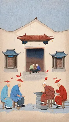 吴冠中油画，油画肌理，农村，三五个老年人坐在路边闲聊，中式建筑，青砖红瓦，纹理丰富，插画，完美构图，细腻，极致细节，32k，淡雅简约
