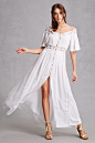 Boho Me Off-the-Shoulder Dress : A semi-sheer maxi dress by Boho Me™ featuring an off-the-shoulder neckline, sheer crochet inserts, a button front, short flounce sleeves with pintuck details, and a center-front slit.