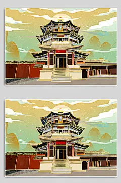 手绘海南定安玉蟾宫地标卡通插画