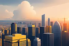 市区全景大楼城市剪影扁平插画图片