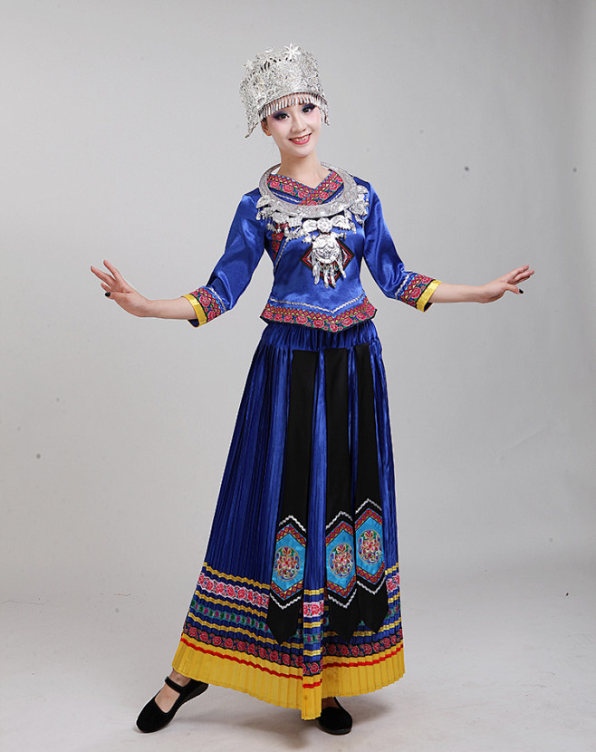 新苗族服装苗族女彝族土家族舞蹈服长款百褶裙云南少数民族演出服淘宝