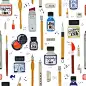 Tools and inks for calligraphy seamless patternSeamless pattern calligraphy tools on background with doodles. Repeated flat style objects for calligraphic writing. Backdrop with cartoon ink bottle, fountain pen, pencil, brush. Professional set