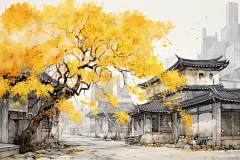 水墨江南园林插画绘画