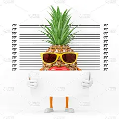 有趣的卡通时尚潮人剪菠萝人物吉祥物识别板在前面的警察阵容或大头照背景。3d渲染