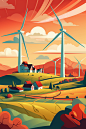 绿色生态风力涡轮工业新能源场景插画