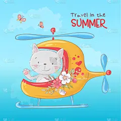 可爱的,猫,明信片,痕迹,直升机,卡通,汽车,玩具,云,问候
