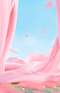 pink leaves on surface of a pink fabric background, in the style of surreal 3d landscapes, xiaofei yue, sky-blue, soft renderings, minimalistic landscapes, ue5, candycore