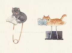 猫咪读书夹子书签-云丛_水彩,猫咪_涂鸦王国插画