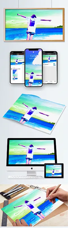 夏季大海边女孩背面玩海大暑夏天原创插画