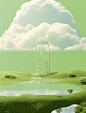 a green field and fountain in a green dome with a ladder and clouds on it, in the style of ethereal illustrations, clemens ascher, eco-kinetic, dreamy and romantic, dreamlike installations, soft, romantic scenes, childlike illustrations