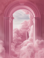 an archway to a staircase leading from pink clouds, in the style of hyper-realistic pop, monochromatic graphic design, cloudcore, mike campau, cute and dreamy, meticulously crafted scenes, piles/stacks
