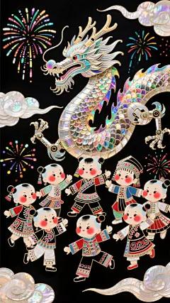 一群活泼的卡通民族娃娃，穿着融合蜡染、刺绣纹样的现代潮流服饰，共同舞动一条皮影工艺风格的机械巨龙，背景是年画特色的祥云和烟花，动态感十足，趣味性强。