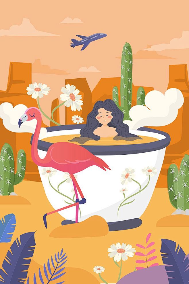 卡通沙漠女神女生节妇女节火烈鸟插画