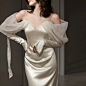 Satin Long Sleeve Off-shoulder Fishtail Wedding Veil Bridal Welcome Evening Dress