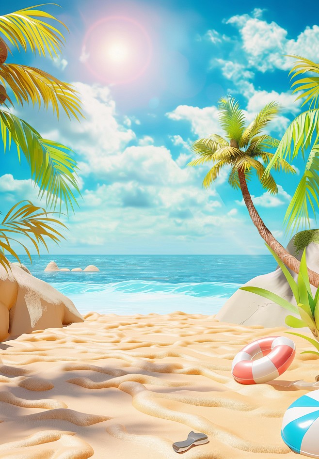 Cute 3D cartoon beach, cartoon coconut trees and sunshine, large area ...