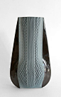 Hélène Morbu’s ceramic vases of her woven patterned ‘Quetzal’ Collection, & her lattice patterned ‘Codex’ Collection. She lives in Nantes, Brittany. See Blogroll for a link. | Decanted