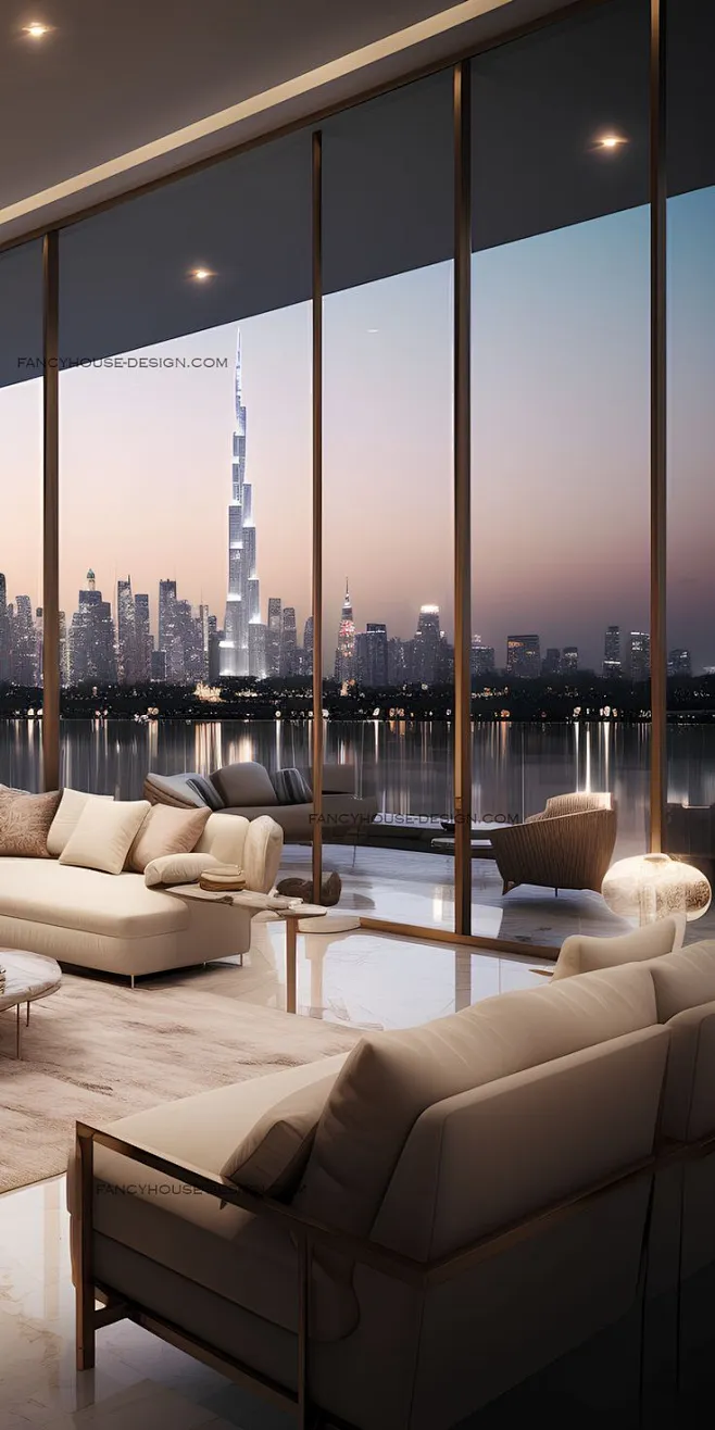 View of Expansive windows flood the penthouse living room with natural light.-花瓣网