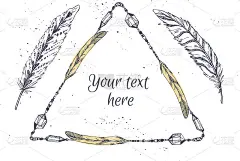 手绘矢量插图-框架与羽毛。
