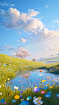 a blue sky covered in flowers next to green grass and a lake, in the style of photorealistic fantasies, soft color fields, daz3d, rural china, light aquamarine and yellow, pastoral landscapes, pastoral landscape