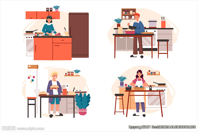 家庭厨房场景矢量插画