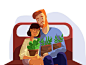 Honey couple with pot of flowers in train，父，情