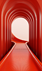 Red corridor in red sandstone space, in the style of industrial and product design, orange and gold, octane render, carl kleiner, festive atmosphere, rollerwave, white and red