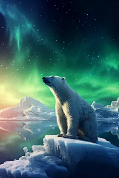 北极熊与北极光自然星空
