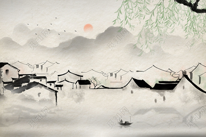 国风江南水乡手绘古风水墨山水画风景写意江南水乡水墨背景插画图片素材下载 - 觅知网-花瓣网